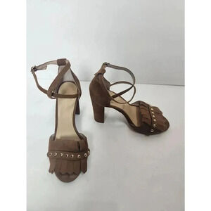 Kate Spade Brown Suede Block Heels Kiltie Fringe Cross Straps Size 7.